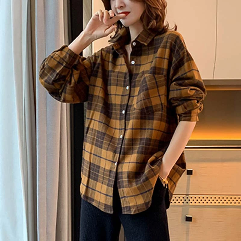 加绒磨毛格子衬衫女外穿中长款秋冬新款复古休闲宽松春季长袖衬衣
