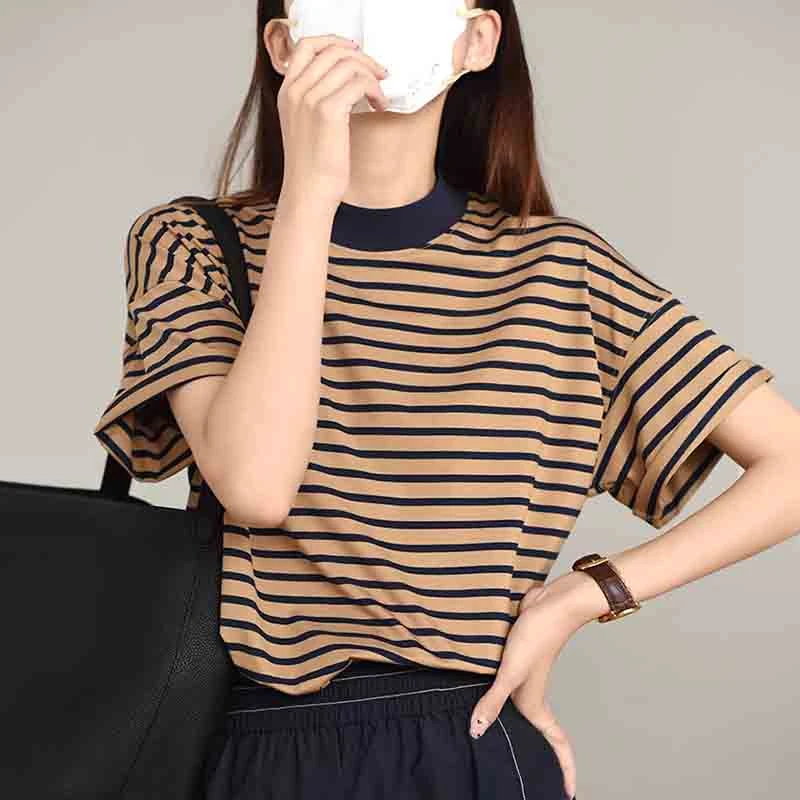 法式条纹宽松短袖T恤女2025夏季新款洋气显瘦圆领套头半袖上衣ins