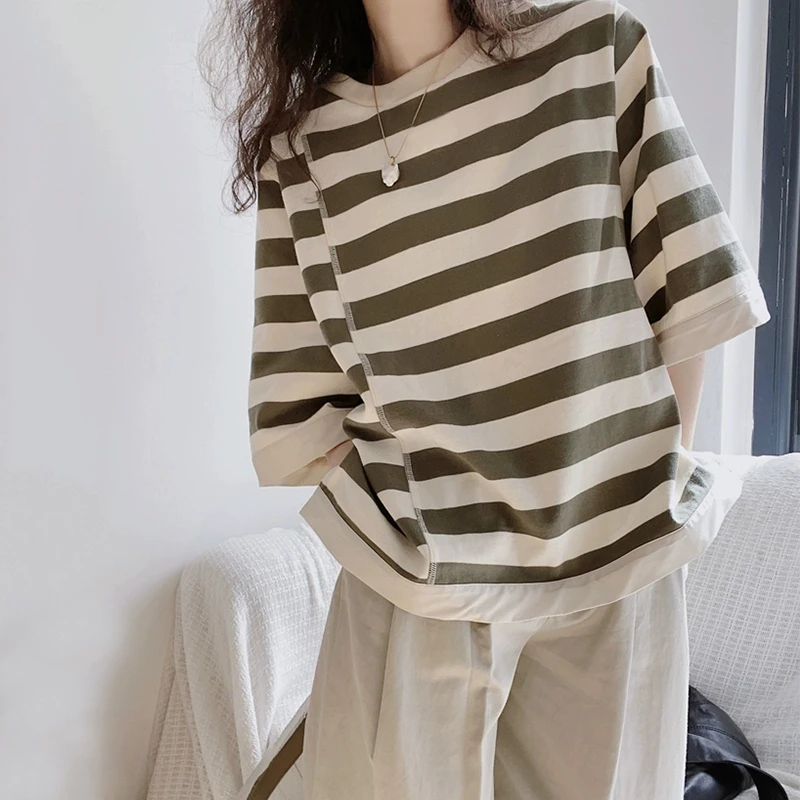 条纹t恤女五分袖2025夏季新款宽松韩版女装ins小个子短袖时尚上衣
