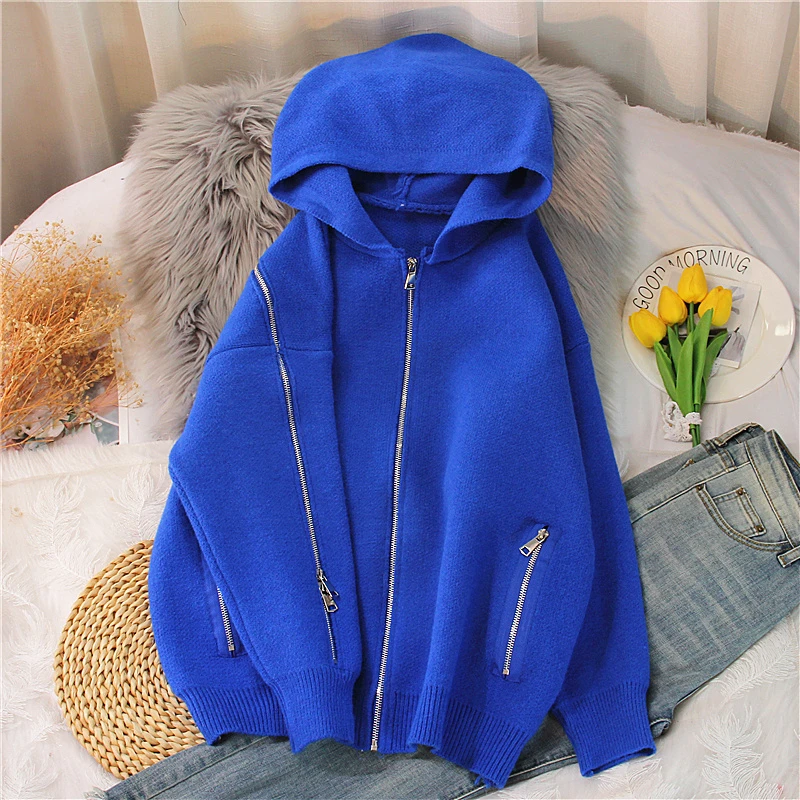 针织开衫外套女2025年洋气秋冬款韩版宽松连帽时尚休闲小个子毛衣