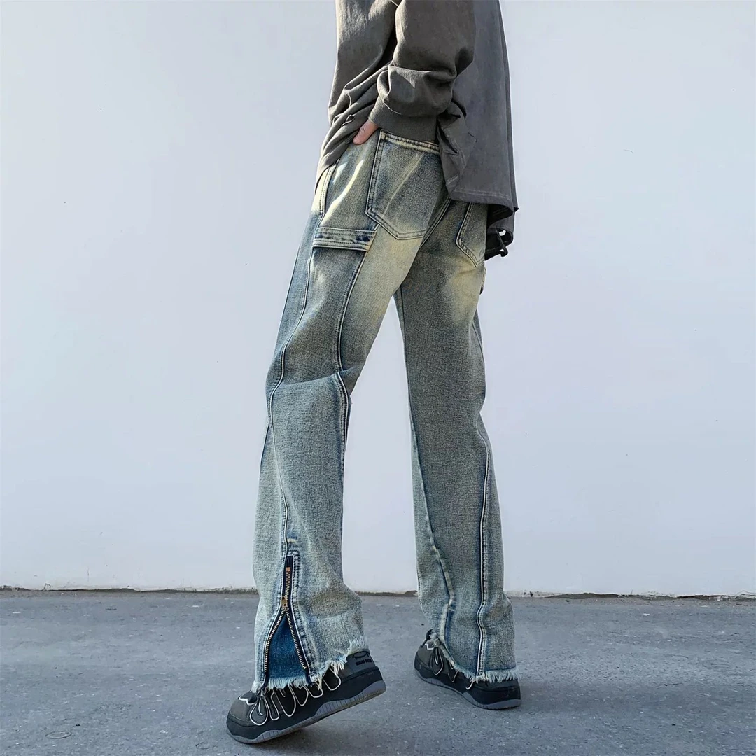 2013 （情侣款）美式高街重工小众设计感炸街裤脚拉链毛边长裤