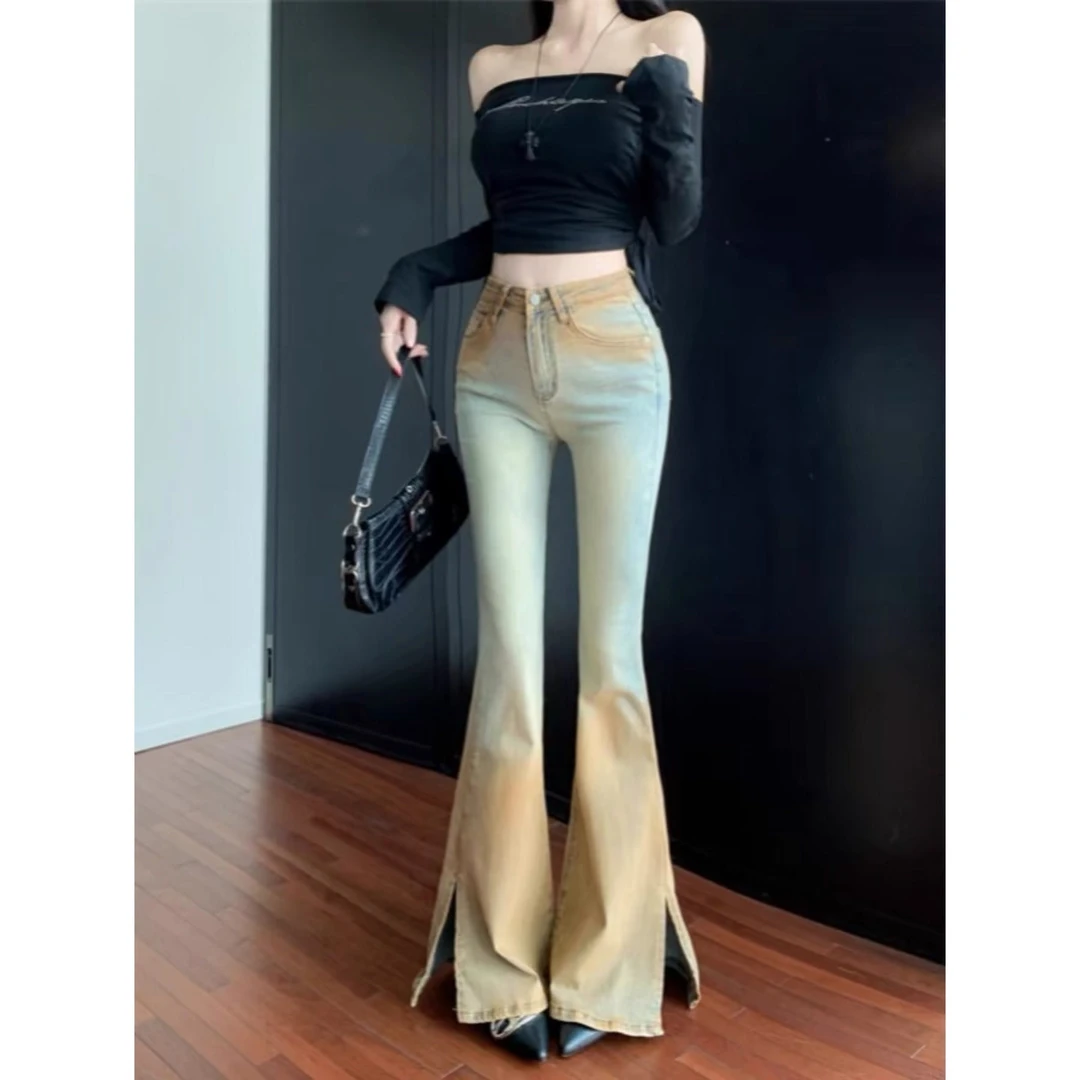 2108 废土风微喇叭新款设计感显瘦显高渐变侧开叉微喇裤女