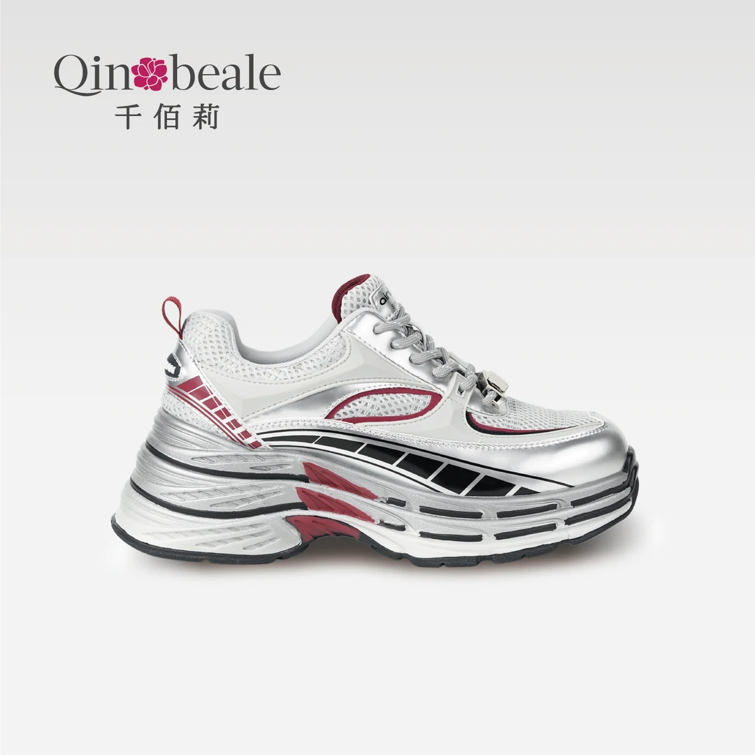 千佰莉秋季新款时尚休闲运动女鞋厚底银粉网红系带老爹鞋B347