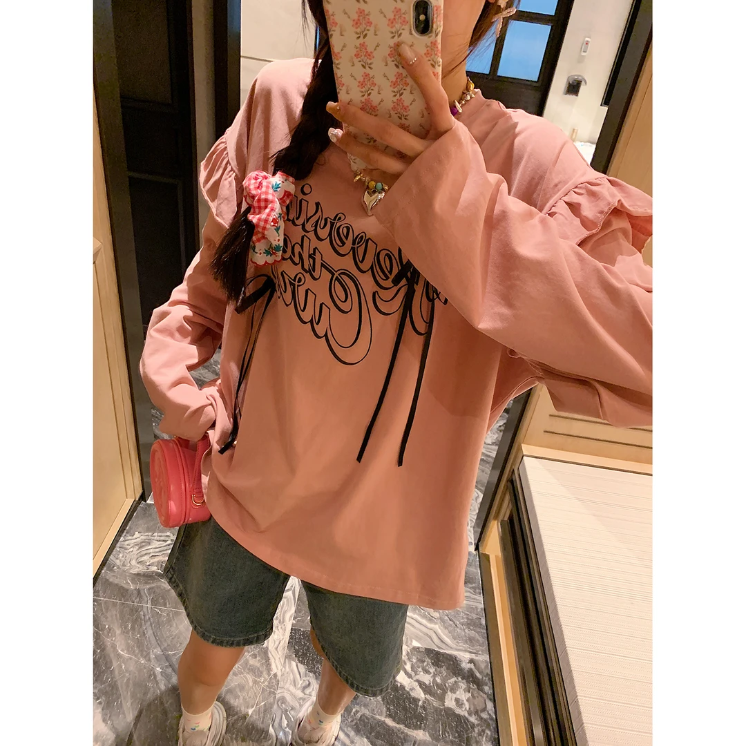 PINK DAISY 2024春夏新款百搭打底衫蝴蝶结荷叶边宽松长袖T恤女