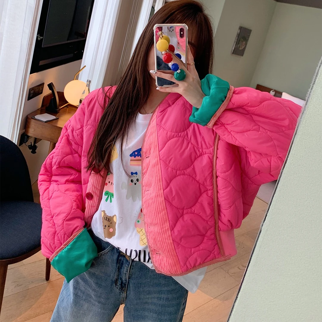 “设计感”玫粉色夹棉棉服外套女宽松廓形2024秋冬新款高级感韩系