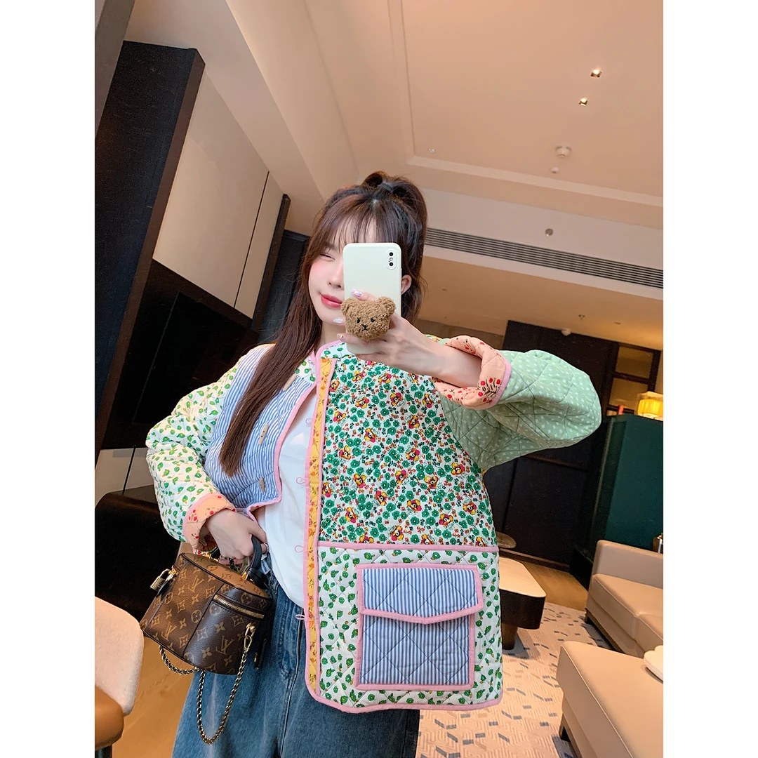 “繁花”韩国东大门冬季新款复古撞色拼接两面穿棉服花棉袄女