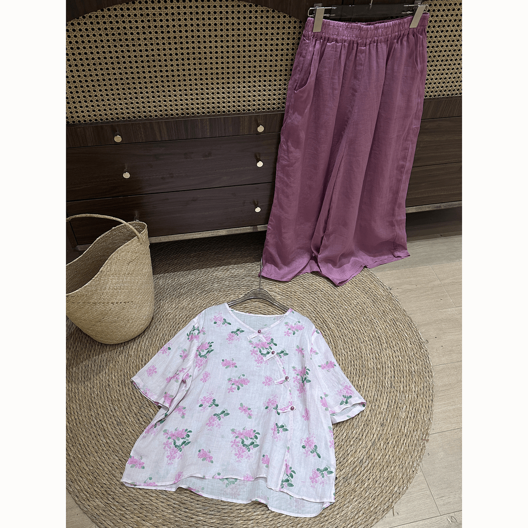 “如烟如墨”新中式碎花斜襟上衣➕阔腿裤裙裤套装