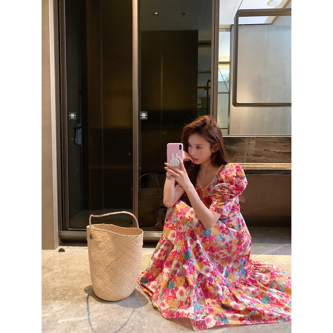韩国东大门2024新款夏敦花茶泡泡袖皱褶蕾丝花边连衣裙长裙