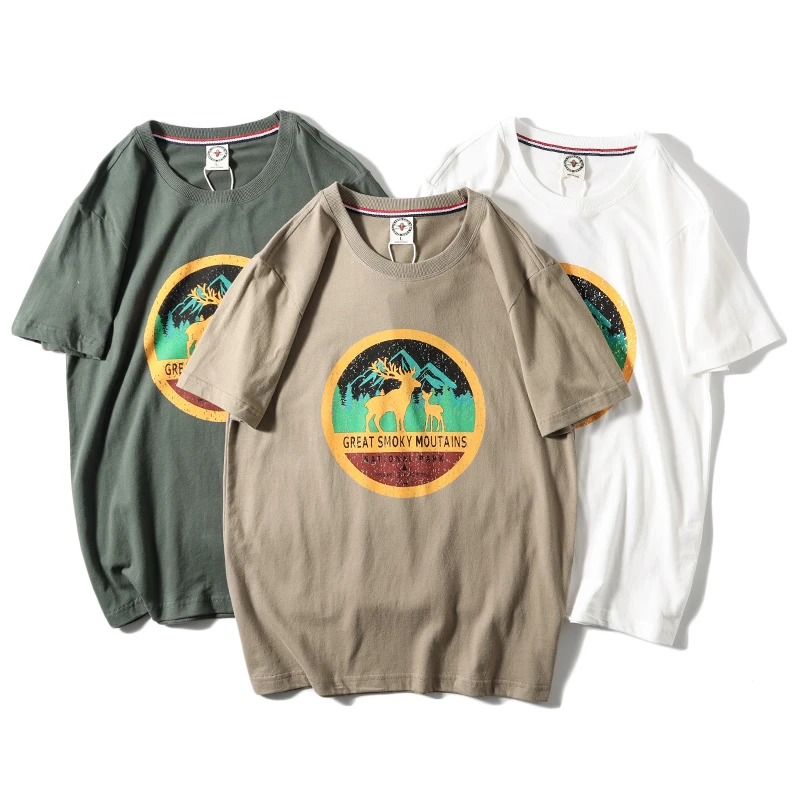 全棉210克 科技磨毛重工水洗美式复古创意印花潮流男圆领短袖T恤