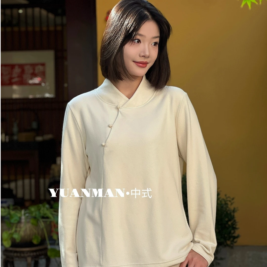 沅曼【加绒打底】中式立领加绒盘扣斜襟双面绒打底衫冬季弹力茶服