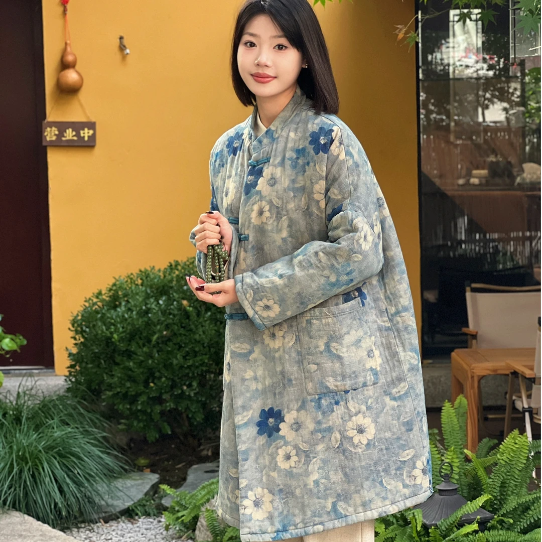 沅曼【莫奈花园】中式复古盘扣印花夹棉加厚中长款棉服女款冬季保暖