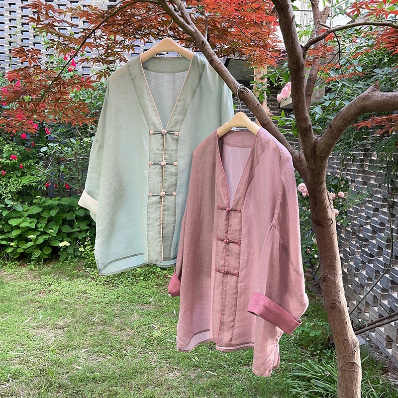 【小满】秋季国风新中式宽松禅意V领苎麻盘扣开衫防晒外套 51626