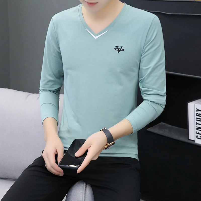 秋季新款V领长袖t恤男装绿色时尚百搭韩版潮牌青年修身上衣打底衫
