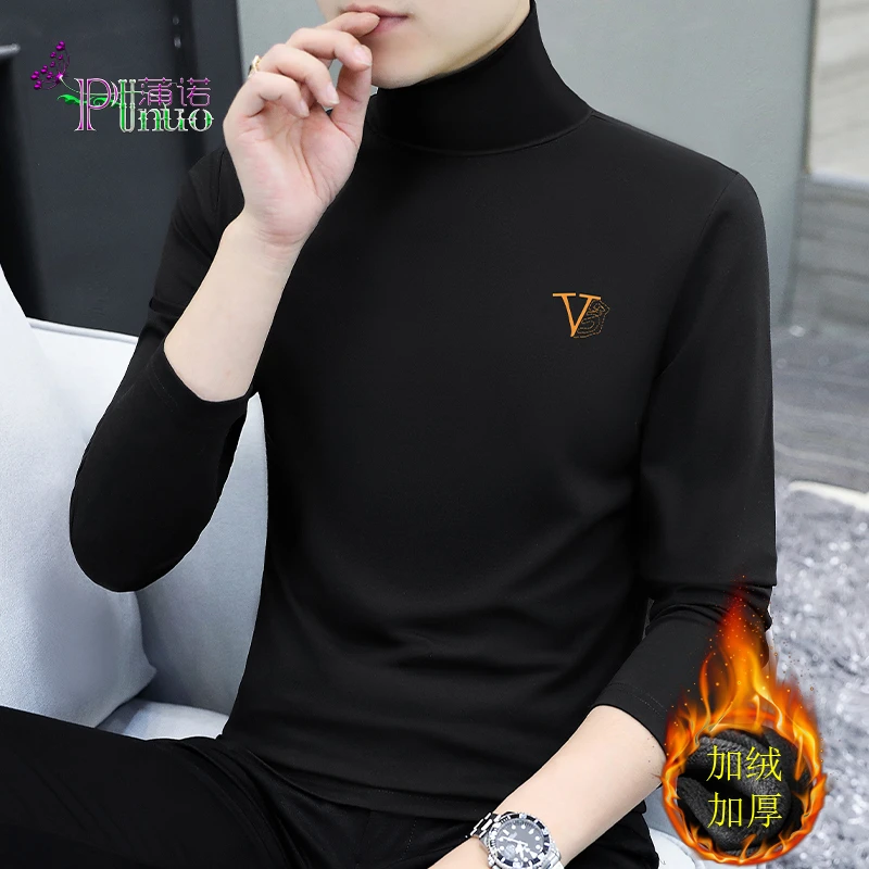 冬季加绒保暖高领长袖t恤男士纯棉打底衫休闲修身百搭半高领上衣