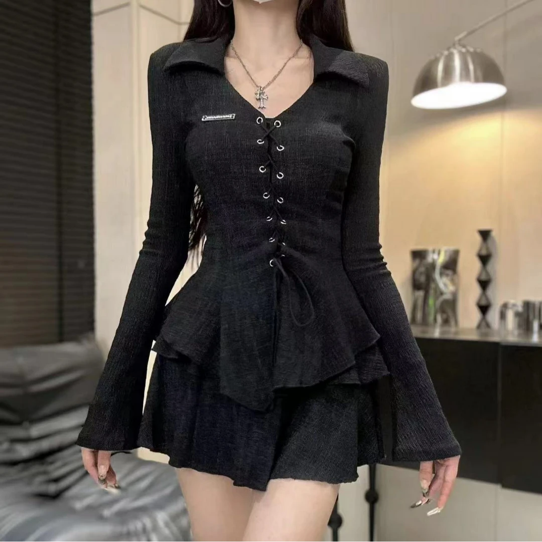法式复古不规则V领收腰上衣＋百搭显瘦短裙