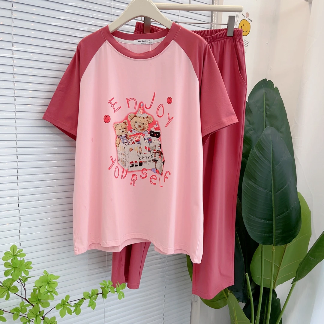 大码短袖长裤睡衣套装女宽松韩版胖mm家居服春夏季薄款棉质弹力