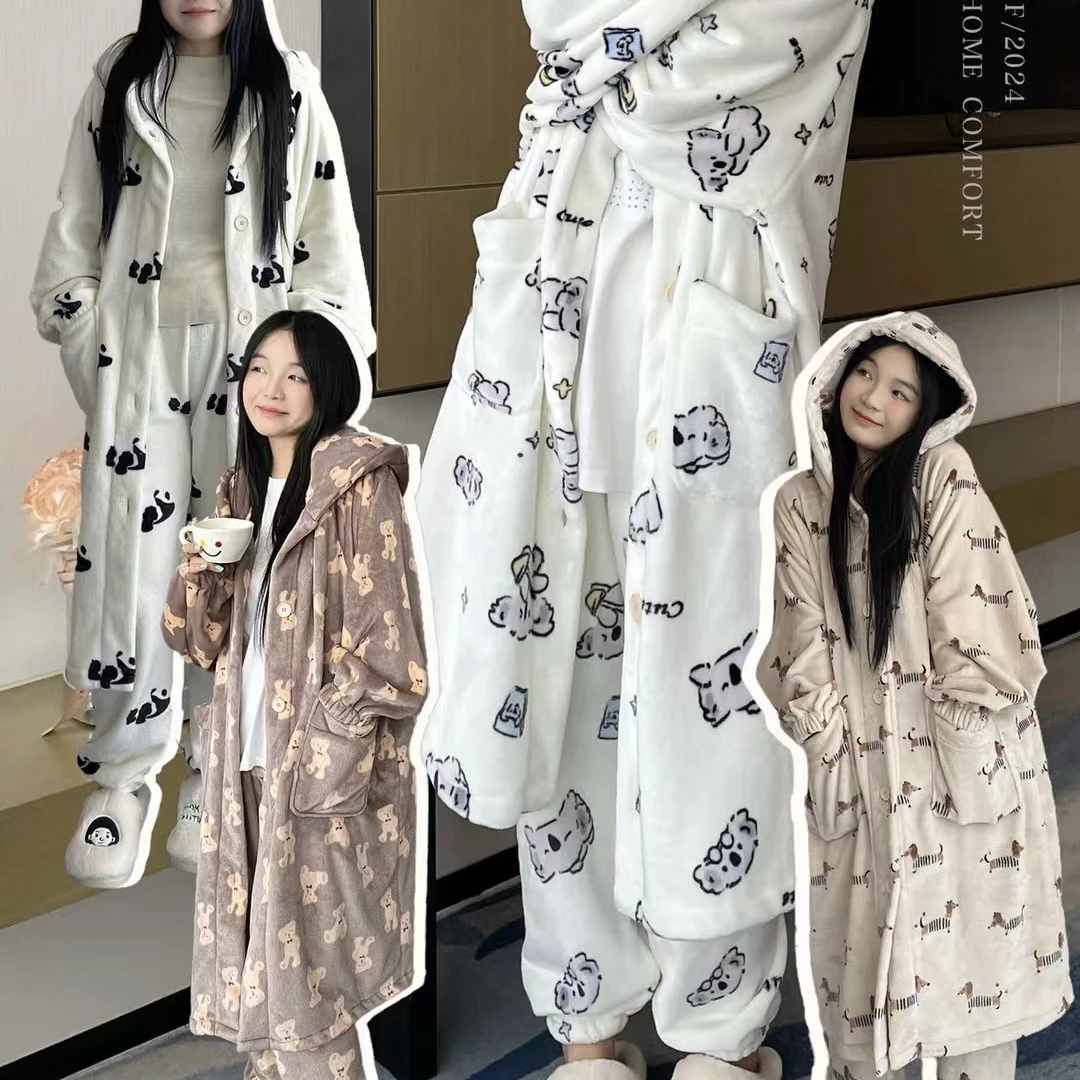 秋冬季加绒睡衣套装睡袍裤子女长袖家居服卡通对襟连帽子