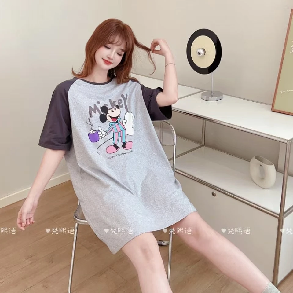 短袖睡裙女薄款棉质韩版家居服中裙宽松卡通圆领夏季弹力洋气