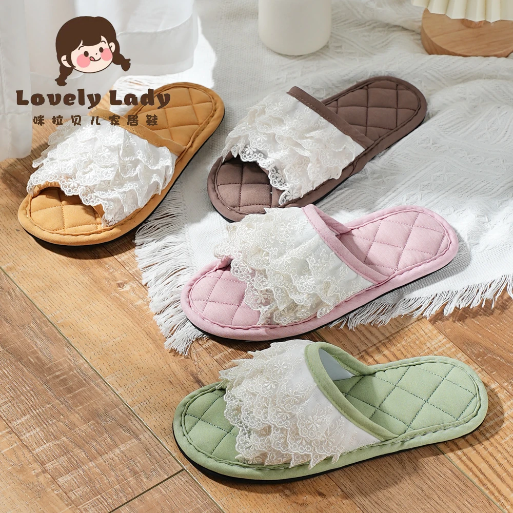 新款四季欧式蕾丝花边公主风高端奢华女士软底防滑居家地板拖鞋