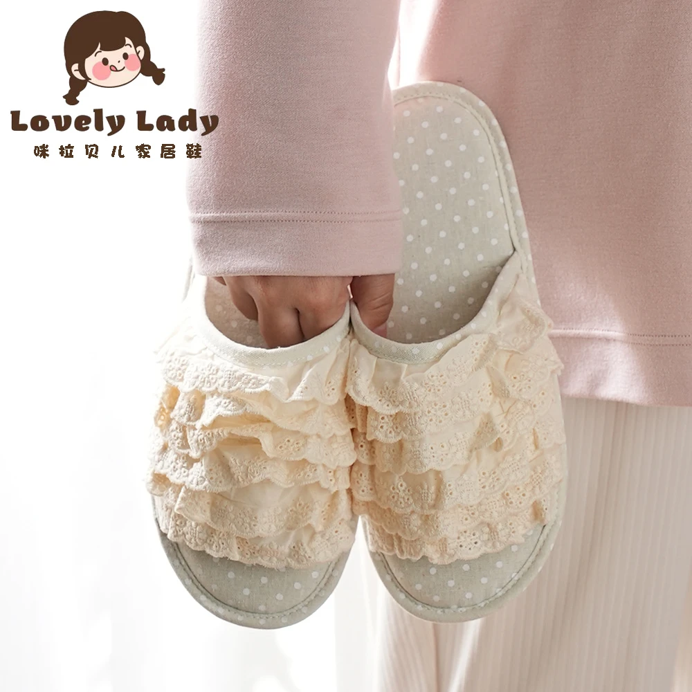 新款外贸纯棉布艺多层花边韩版小清新女款高端家居室内地板拖鞋