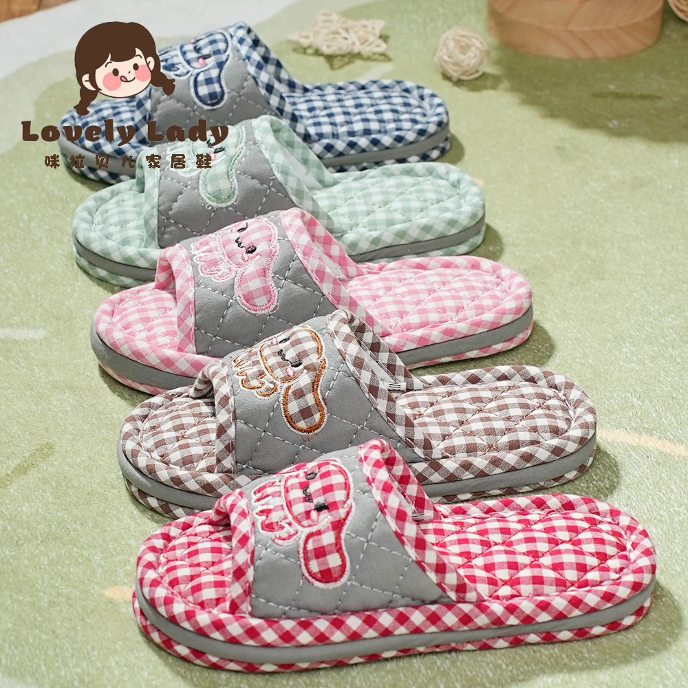 新款纯棉布艺儿童大人同款加厚三层软布底静音防滑家居室内拖鞋