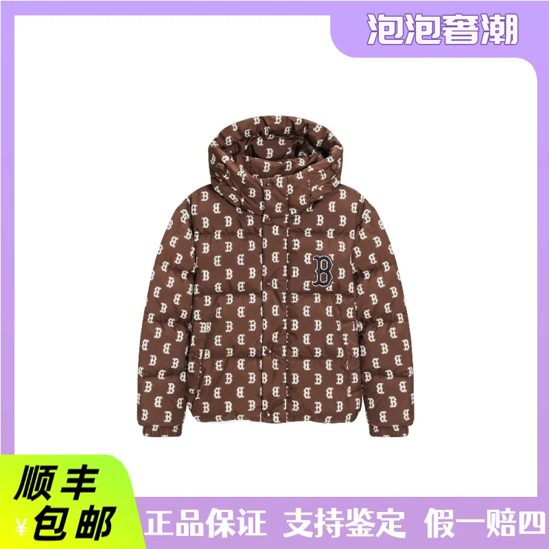 MLBFW22鸭绒短款老花字母满印休闲保暖连帽羽绒服男女同款 深棕色