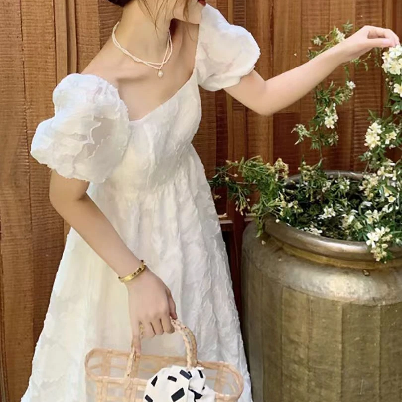 千语栀【慕色旅人】法式重工提花雪纺初恋方领泡泡袖裙子白色连衣裙