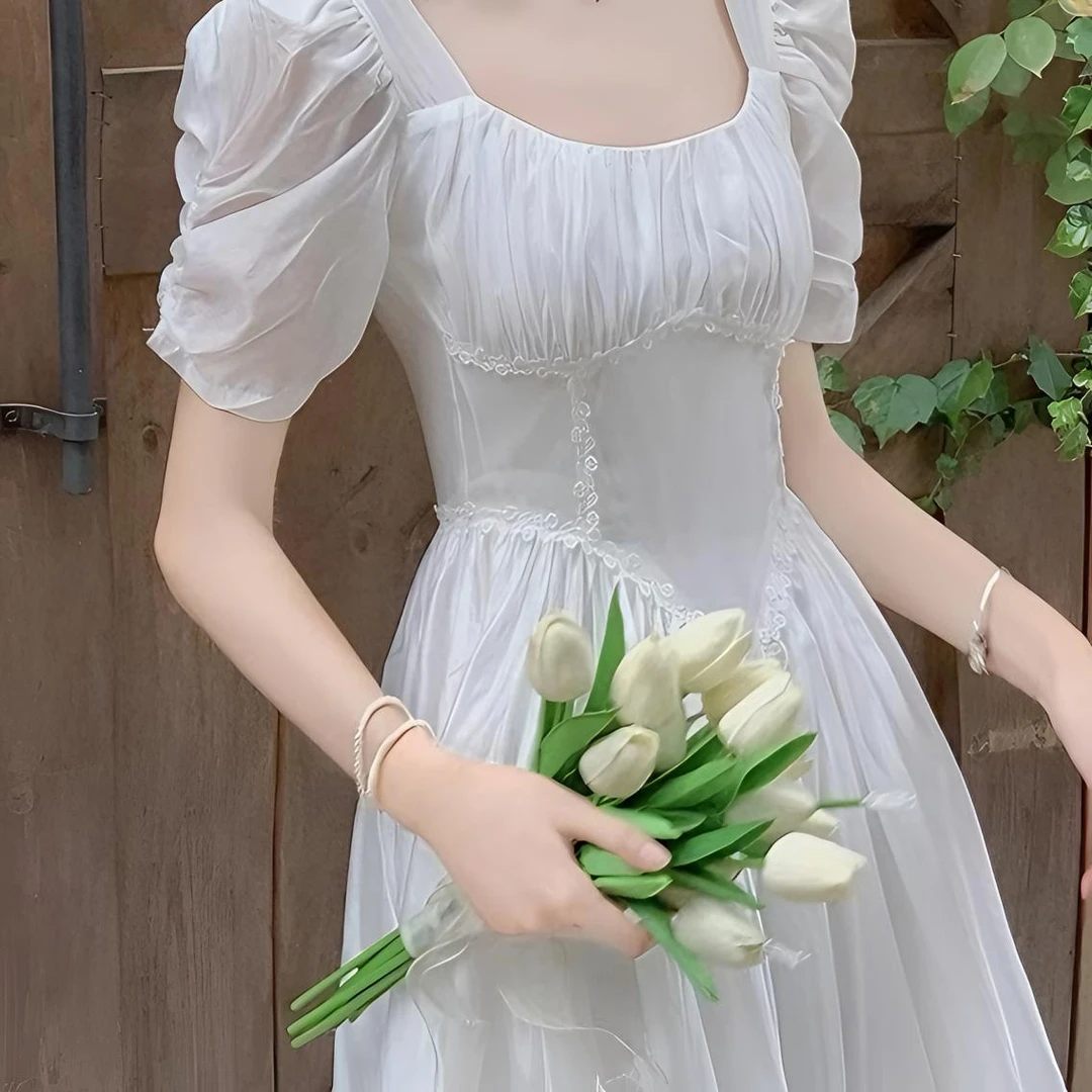 千语栀【天山雪莲】初恋白月光白裙子夏季新款方领连衣裙白色连衣裙