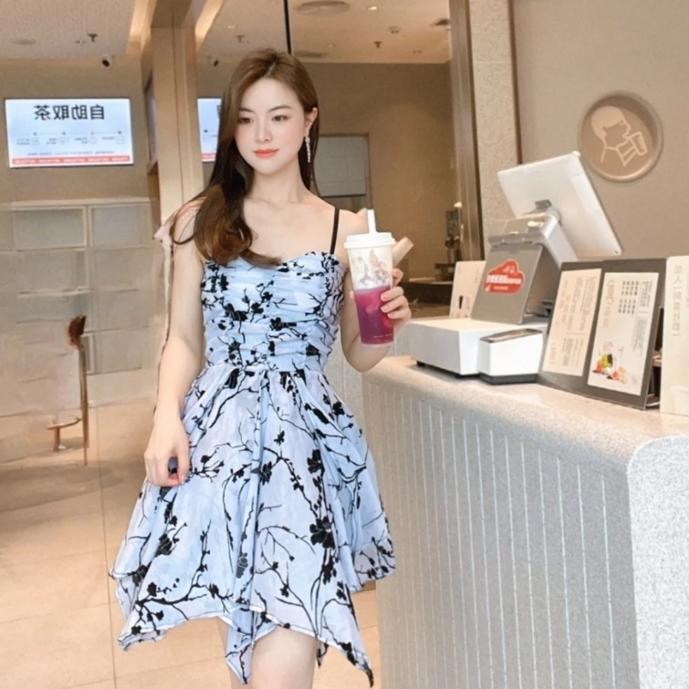 千语栀【水墨丹青】法式气质不规则裙摆碎花连衣裙吊带纯欲短款裙子
