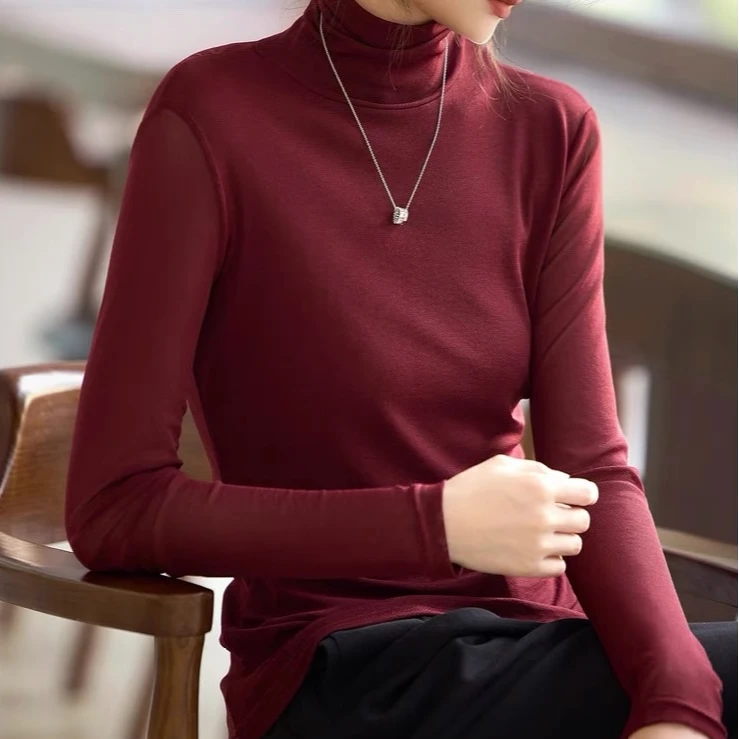 【精品双面绒】高领打底衫女秋冬款内搭修身长袖t恤堆堆领修身显瘦