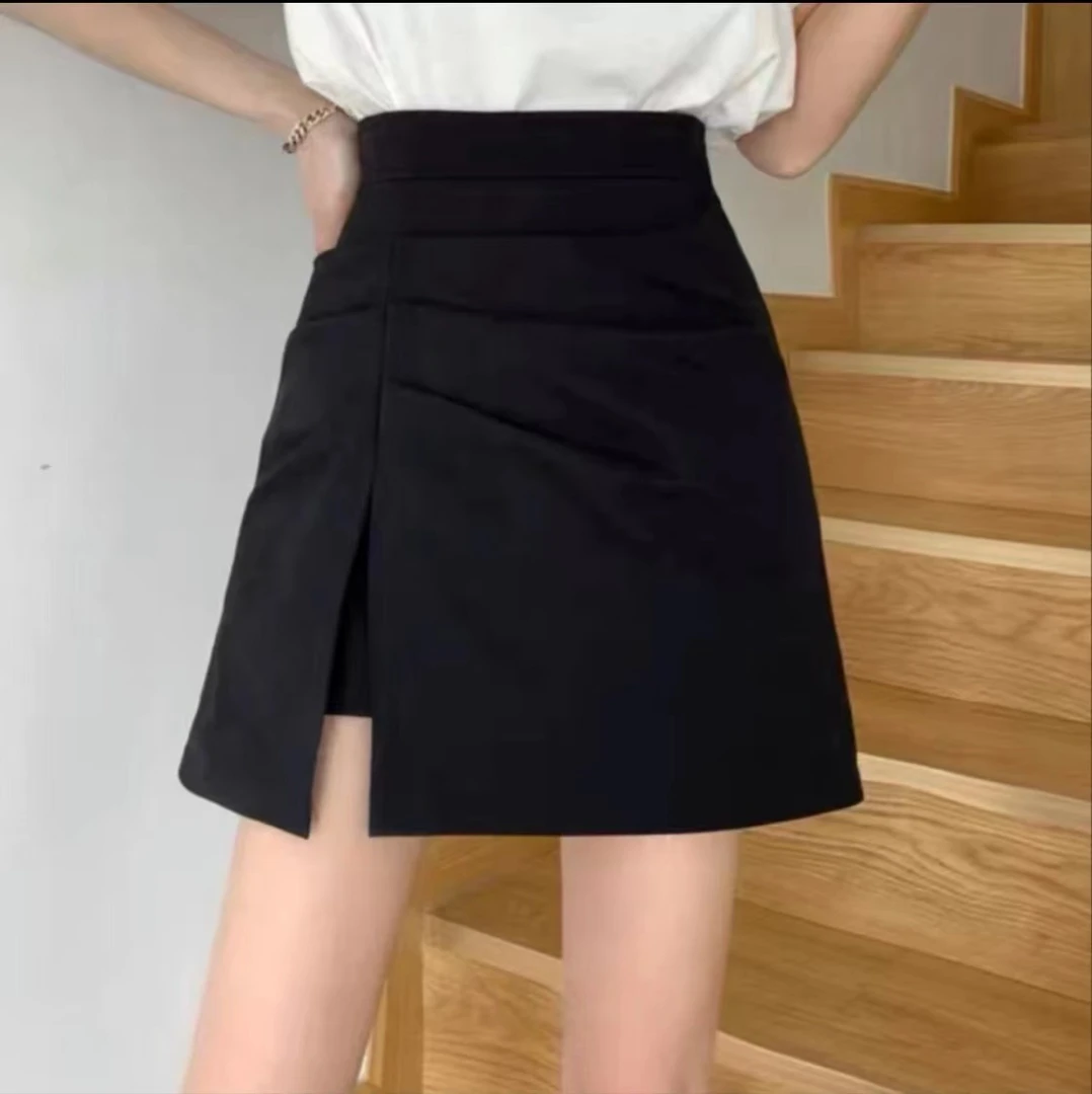 西装裙秋款褶皱西装A字高腰短裙不规则开叉百搭气质时尚设计感