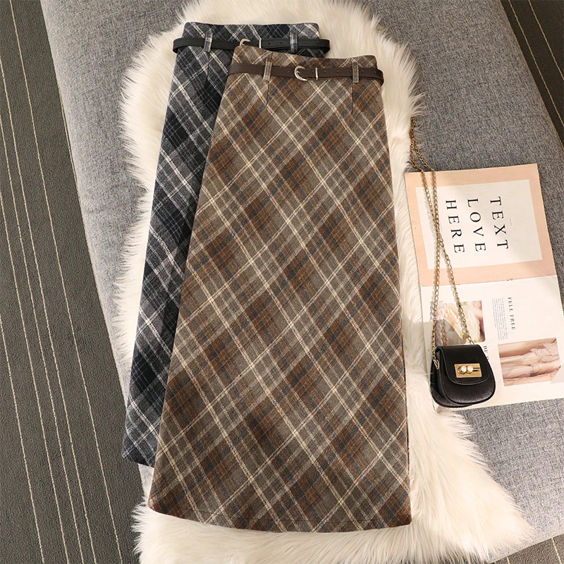 复古高腰格子半身裙秋冬新款学院风小个子格纹包臀a字裙毛呢短裙