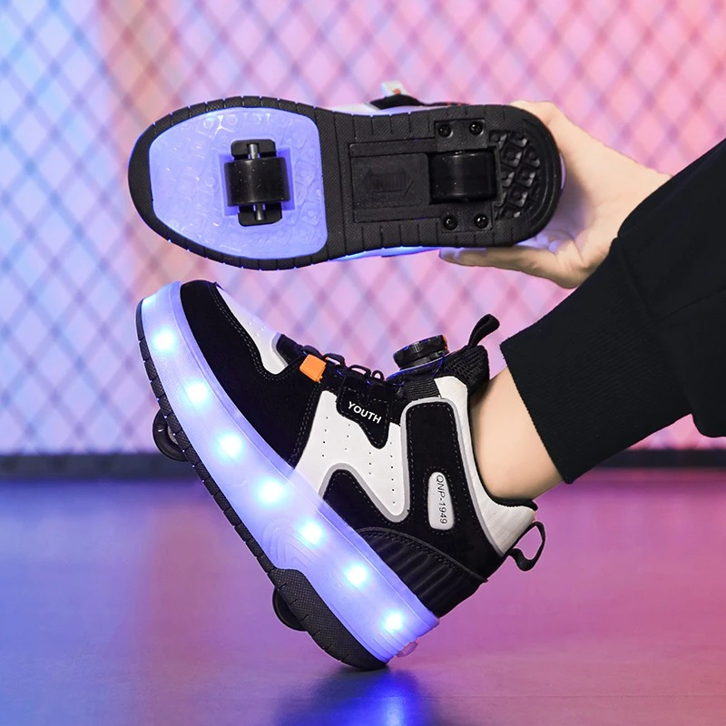 36ℓ°童鞋儿童发光暴走鞋男童男孩女孩夜光滑轮鞋旋转纽扣溜冰鞋男