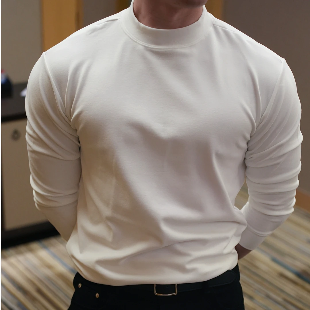 秋冬阳离子保暖柔软落肩加厚男士长袖双面德绒机洗中领打底衫卫衣