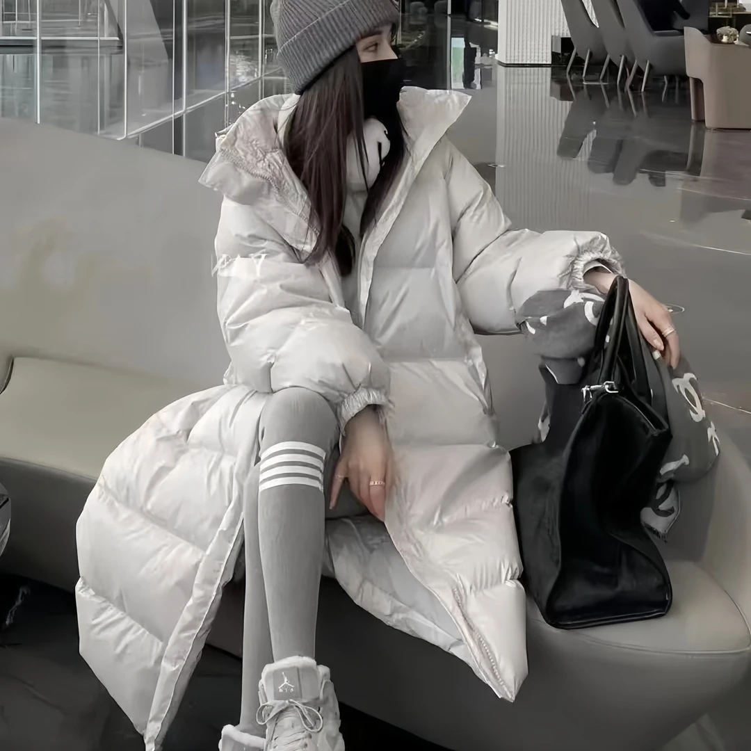 2023宽松百搭秋冬休闲潮流连帽保暖冬季韩版中长款白鸭绒羽绒服