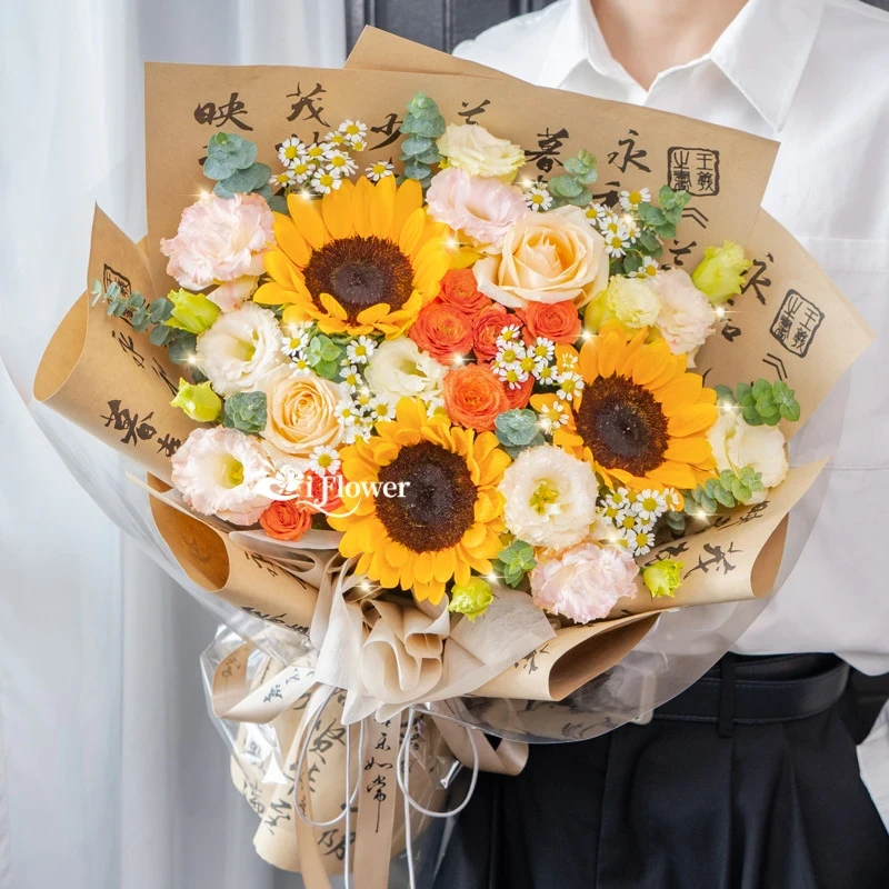 向日葵卡布奇诺玫瑰花束鲜花全国同城花店配送上门送长辈送老师