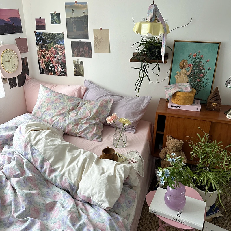 懒人家-【粉雾海】小碎花民宿清新床单四件套纯棉全棉床笠简约印花