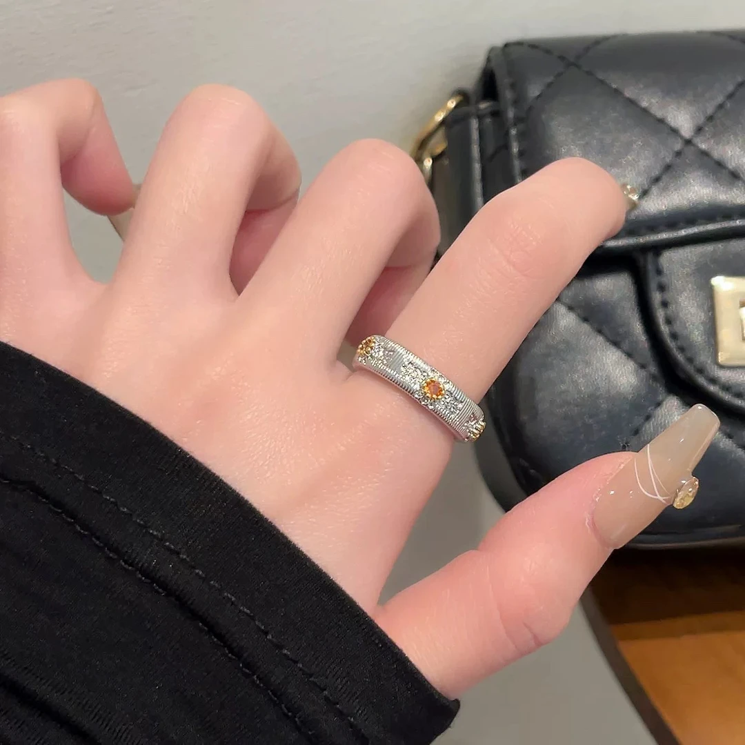 铜合金戒指 拉丝雪花戒指女轻奢高级感开口镶嵌锆石指环