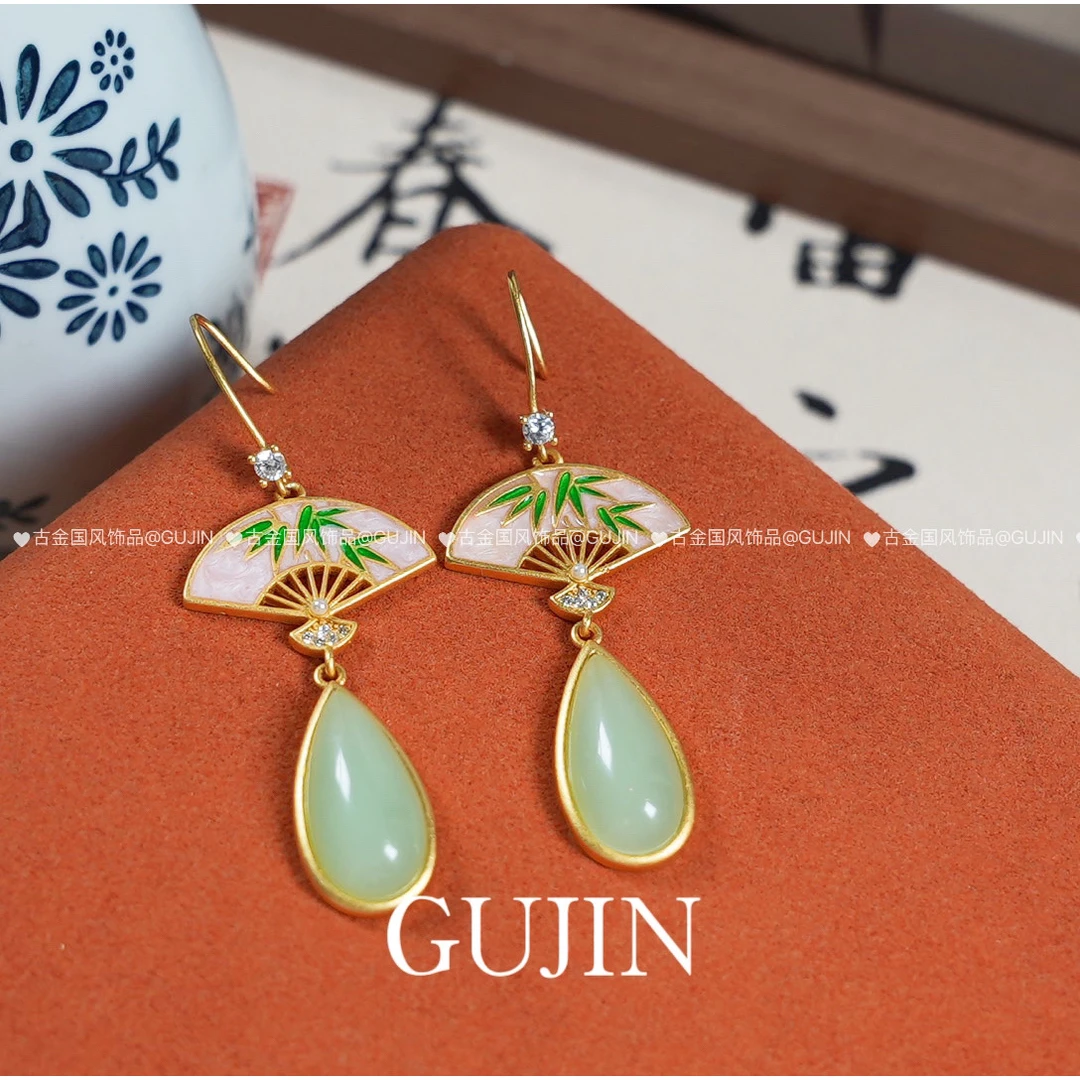 铜合金莫桑石耳饰 【舞衫歌扇】复古新中式国风系列宫廷团扇耳环
