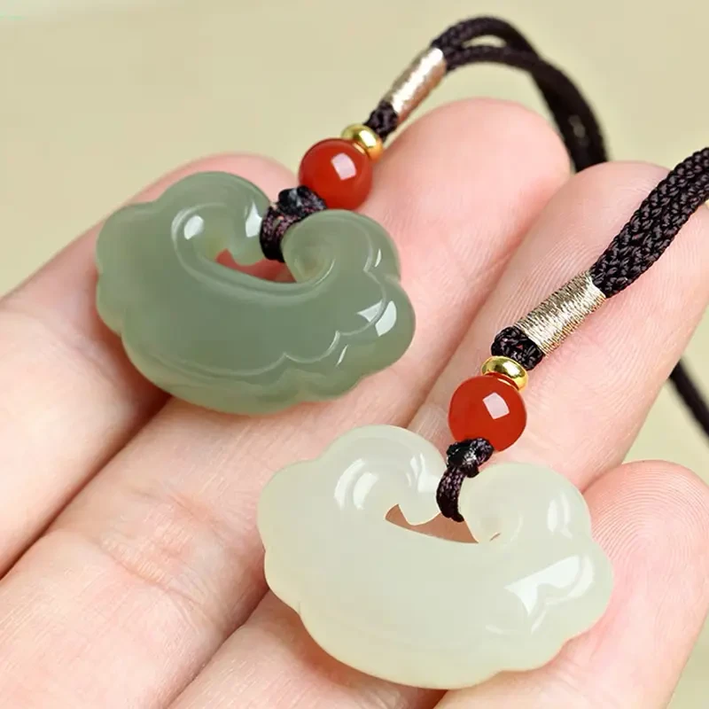 天然和田玉晴水料祥云如意锁吊坠编织绳项链复古时尚款玉石颈饰