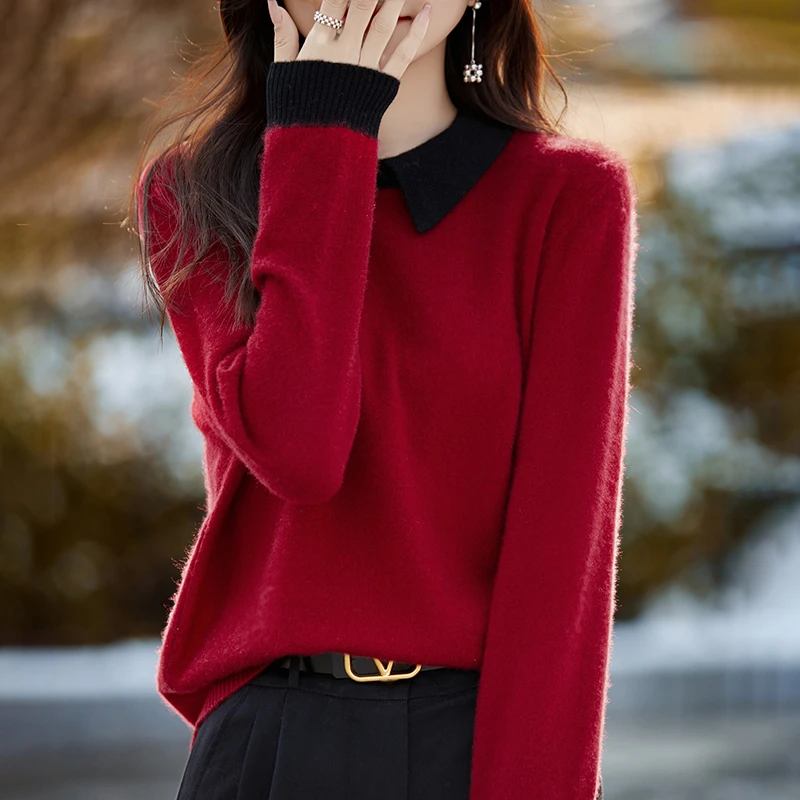 太美了！假两件羊毛针织衫长袖时尚百搭撞色减龄POLO翻领毛衣女