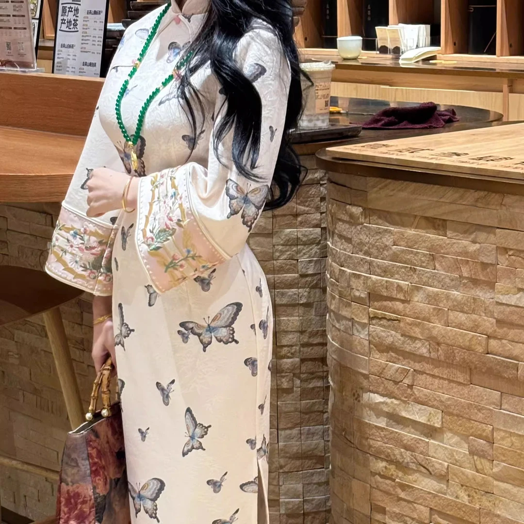 中式国风印花温柔蝴蝶针织提花改良气质旗袍连衣裙长袖显瘦 碟仙