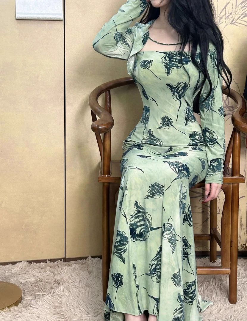 国风新中式温柔慵懒 秋冬绿色植绒烧花鱼尾连衣裙旗袍裙套装
