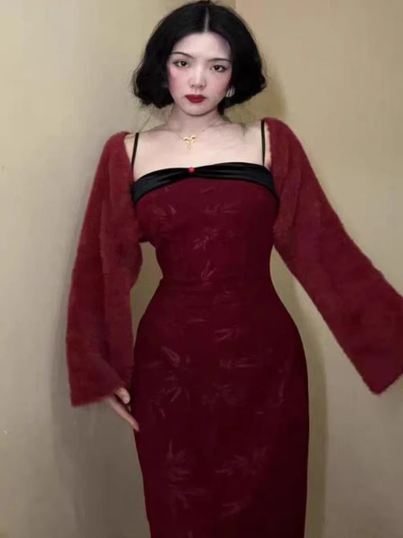 全新 清瑶女装 秋冬厚款灯芯绒新中式复古拼接吊带连衣裙 红竹花