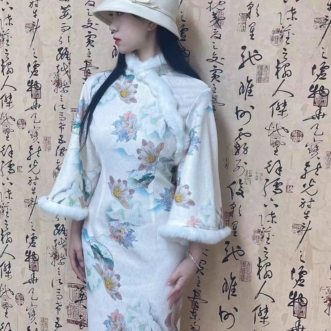 全新   清瑶女装 旗袍裙 自制款  淡荷叶倒大袖旗袍