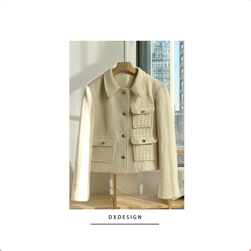 韩系名媛风 高级精致澳毛保暖小香风短外套女 冬季金扣保暖上衣