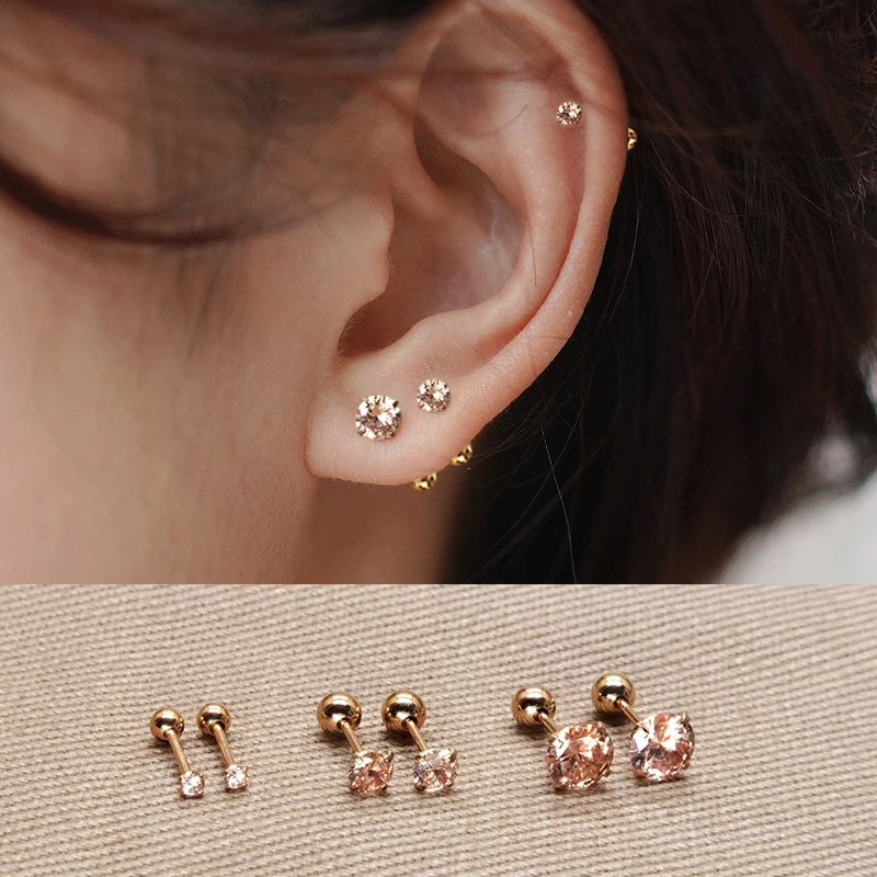 黄铜合成锆石耳饰 超闪耳骨钉香槟金色高级感新款潮纯银针小耳钉