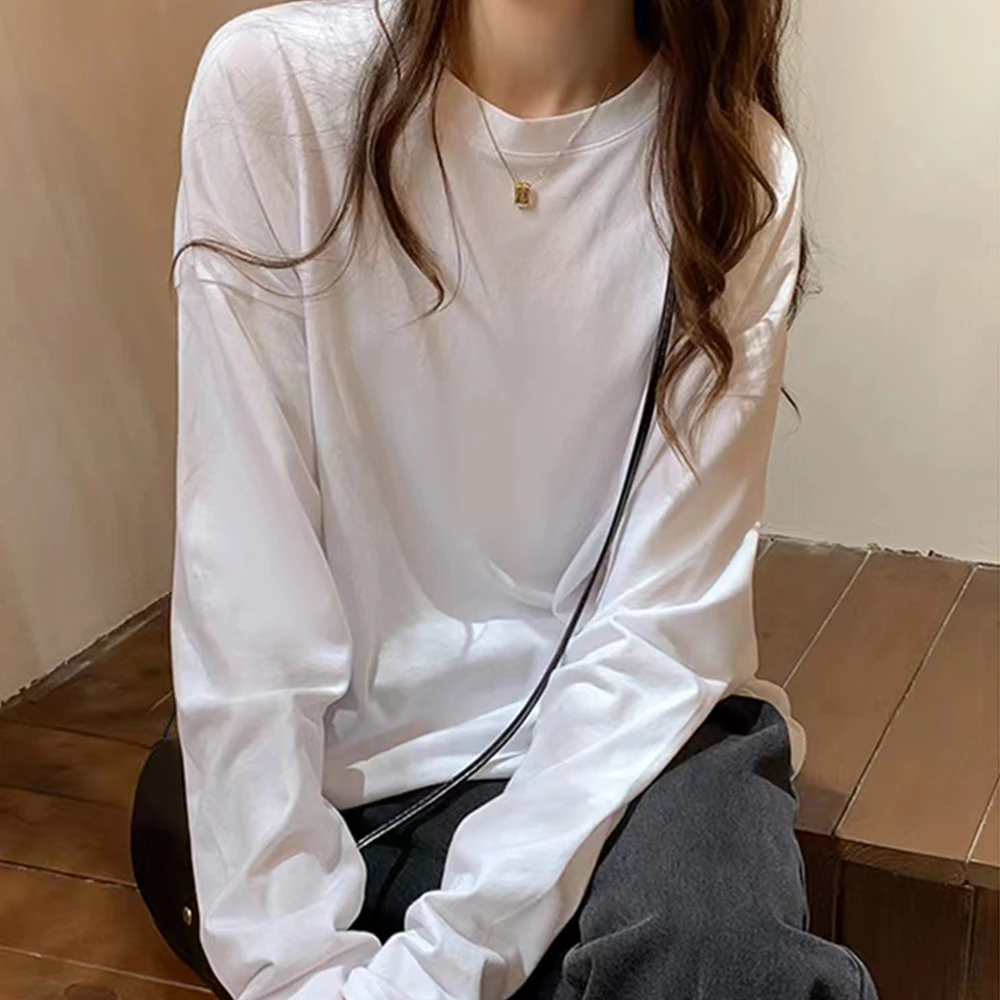 2024年宽松简约风长袖t恤打底衫男女同款简约纯色百搭圆领纯棉