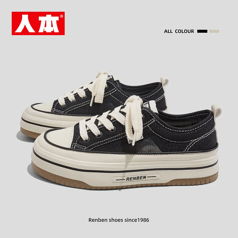 人本女鞋新款休闲透气潮流百搭帆布鞋2024新款夏低帮休闲帆布网面