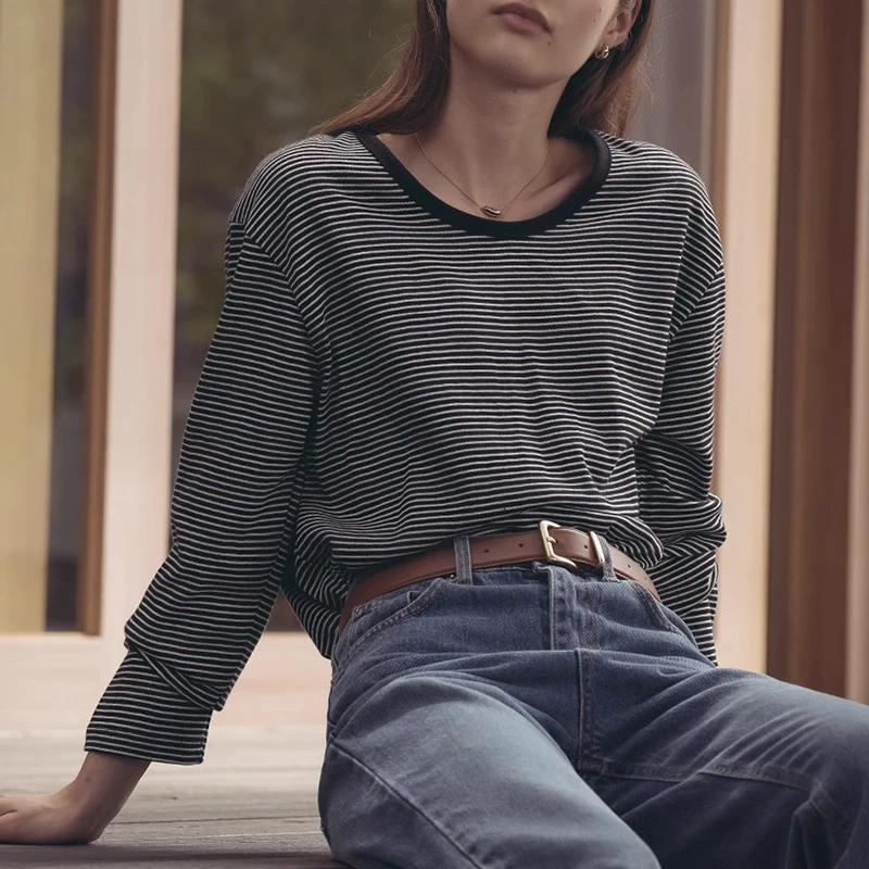 秋天条纹T恤女打底衫长袖法式通勤百搭修身显瘦内搭高级氛围感秋